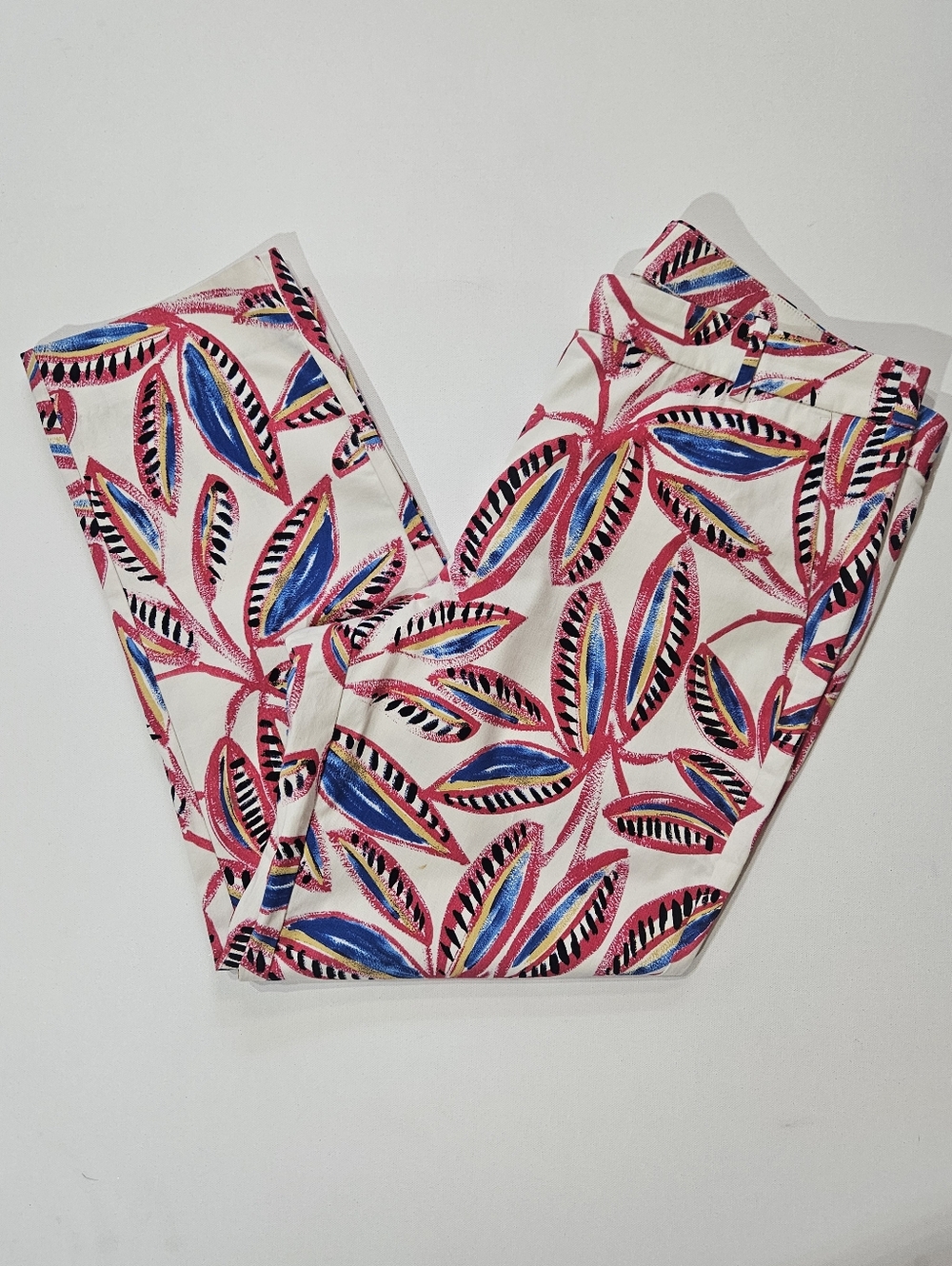 J. Crew Womens Pants Size 12 White Pink Blue Tropical Palm Print Coastal (FLAWS)